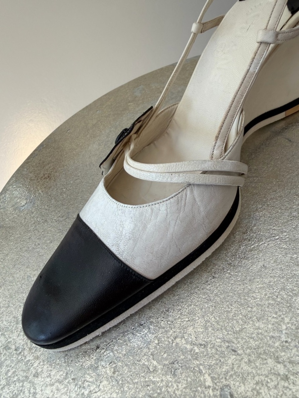 CHANEL - Two-Tone Slingback Wedges w/ Camellia Detail – Size 38.5 - Picture 10 of 15